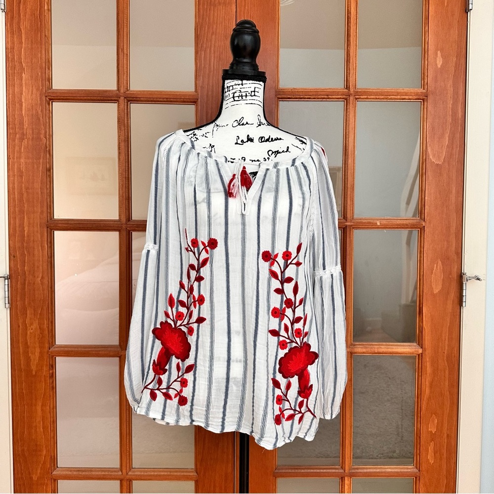 INC International Concepts White and Red Striped Blouse